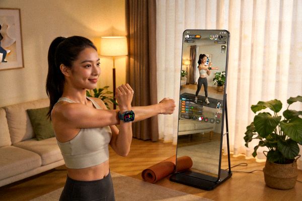 家庭场景中，用户使用智能健身镜与手环进行居家锻炼